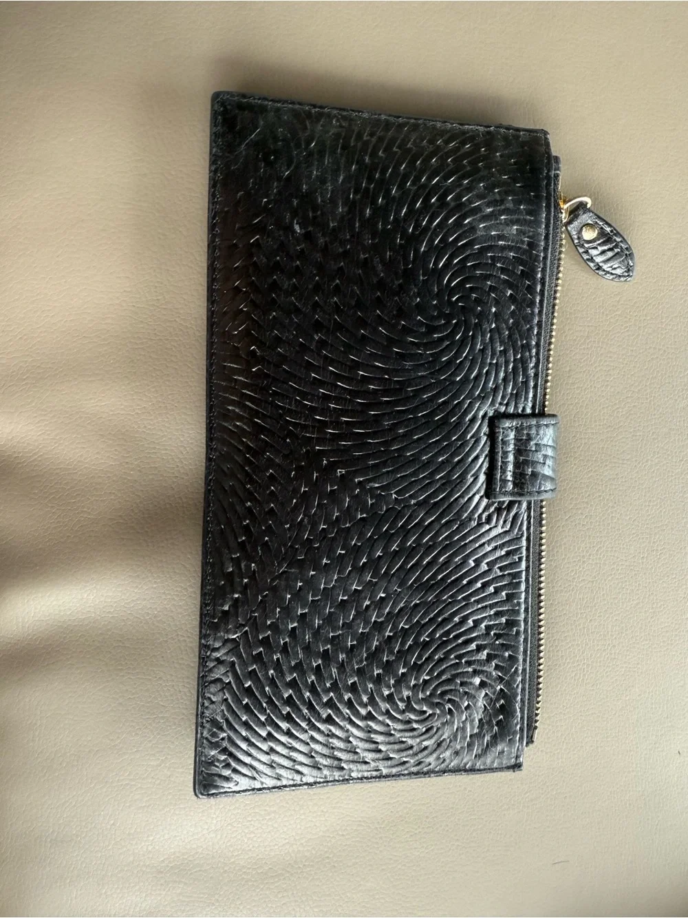 Lodis Black Textured Leather Zip Wallet with Gold Hardware